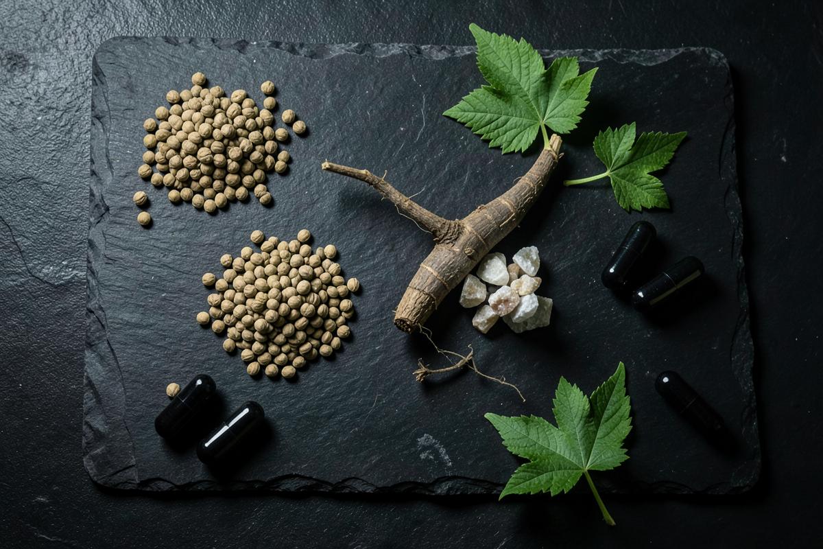 Natural botanical ingredients and black capsules arranged on dark slate